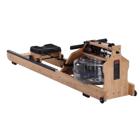Wooden rowing machine with water tank on a white background
